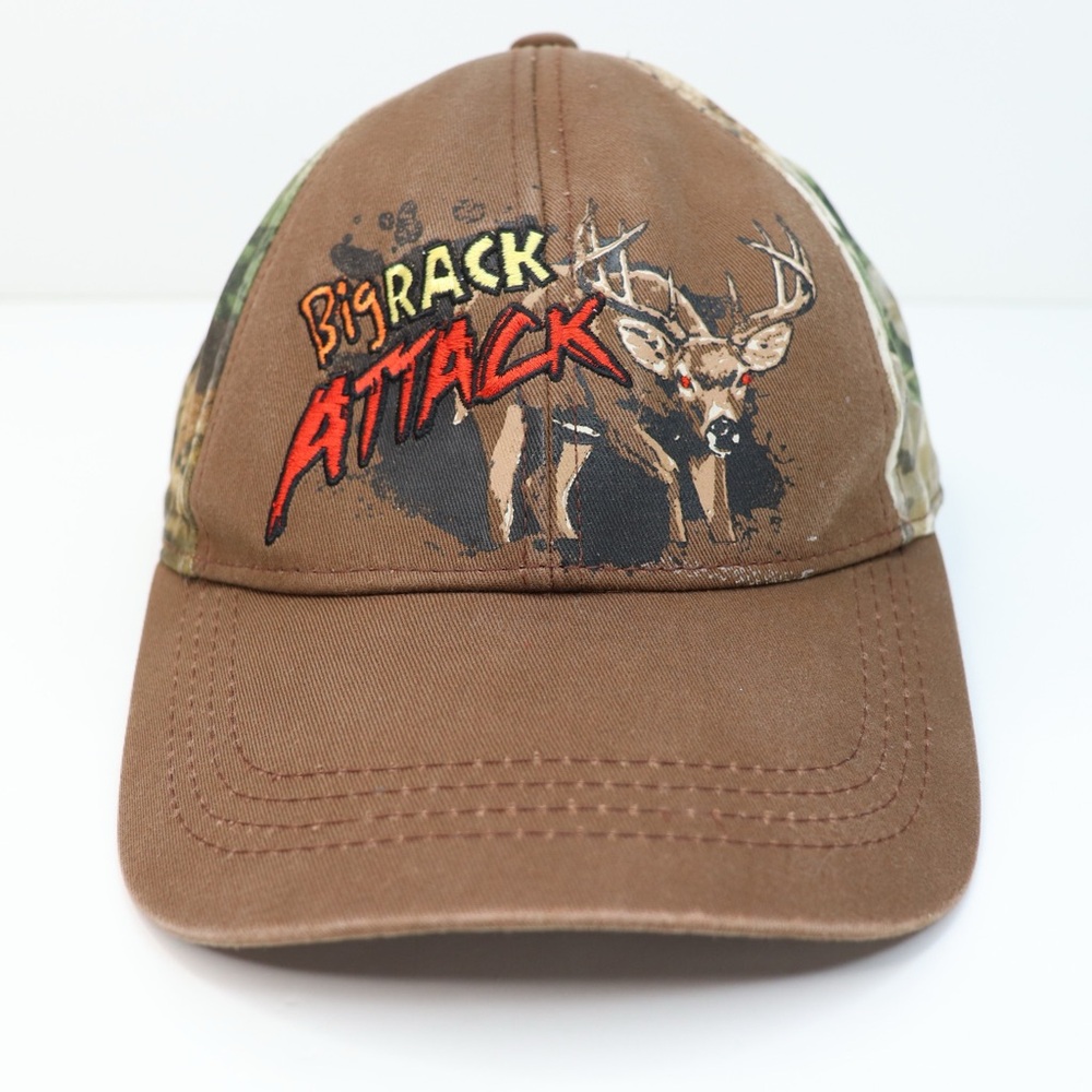 Vintage Bass Pro Shops Big Rack Attack Brown Camo Strapback Cap.